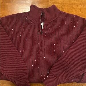Nine West Burgundy Quarter Zip Sweater with Sequins